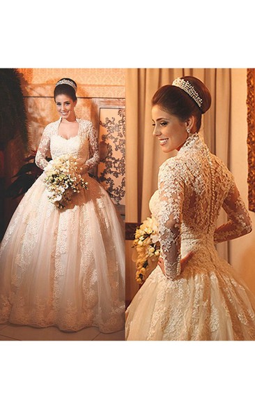 Modern Lace Long Sleeve Princess Wedding Dress Ball Gown Button Zipper Back