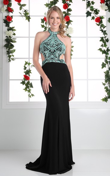 Sheath High Neck Sleeveless Jersey Zipper Dress With Beading