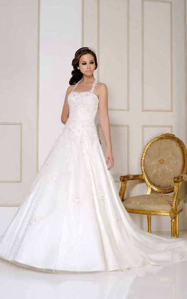 Long Halter Appliqued Satin Wedding Dress With Chapel Train And V Back