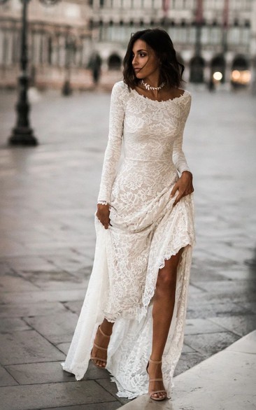 Lace Sheath Long Sleeves Scoop-Neck Low-V-Back Modern Sweep Train Modest Wedding Dress