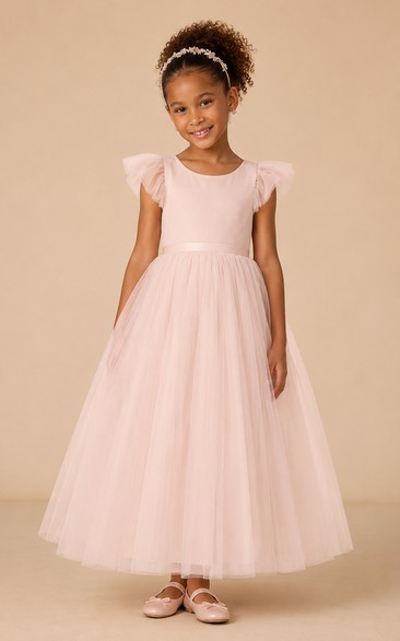 Blushing Pink Long Sleeve A-Line Lace Flower Girl Dress with Bow Sash