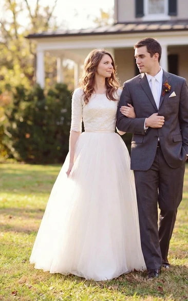 Elbow Sleeve Simple Lace & Tulle Wedding Dress