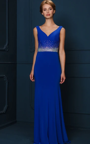 Sleeveless Beaded Floor-Length V-Neck Jersey Evening Dress With Pleats