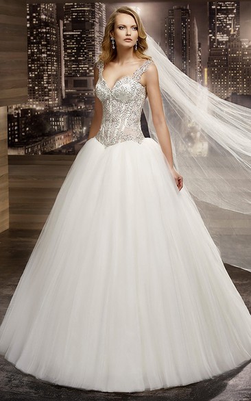 V-neck A-line Wedding Gown with Beaded Corset and Half Open Back