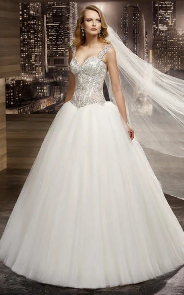 V-neck A-line Wedding Gown with Beaded Corset and Half Open Back