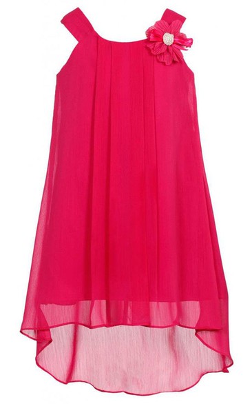 Sleeveless A-line High-low Pleated Dress With Flower and Straps