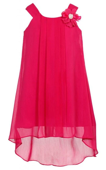 Sleeveless A-line High-low Pleated Dress With Flower and Straps
