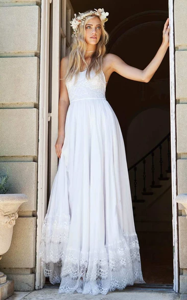 Graceful Floor Length Sleeveless Chiffon Lace Boho Wedding Dress