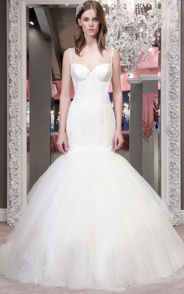 Mermaid Appliqued Spaghetti Floor-Length Sleeveless Tulle Wedding Dress With Backless Style And Ruffles