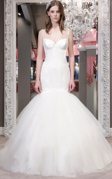 Mermaid Appliqued Spaghetti Floor-Length Sleeveless Tulle Wedding Dress With Backless Style And Ruffles