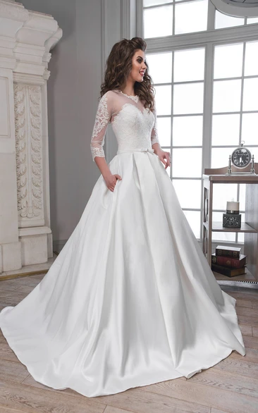 A-Line Floor-Length Scoop 3-4-Sleeve Illusion Satin Bridal Dress With Appliques