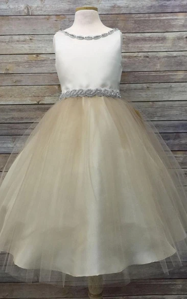 V-Neck Tea-Length Beaded Tulle&Satin Flower Girl Dress