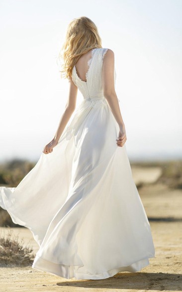 Lace and Chiffon V-Neck Sleeveless Vow Renewal Dress With Low-V Back