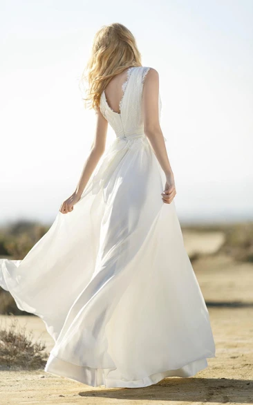 Lace and Chiffon V-Neck Sleeveless Vow Renewal Dress With Low-V Back