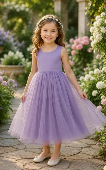 Purple Scoop-neck Sleeveless Satin A-line Tulle Flowergirl Dress