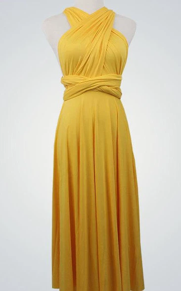 Criss Cross Top A-line Pleated Jersey Knee Length Dress With Sash Yellow