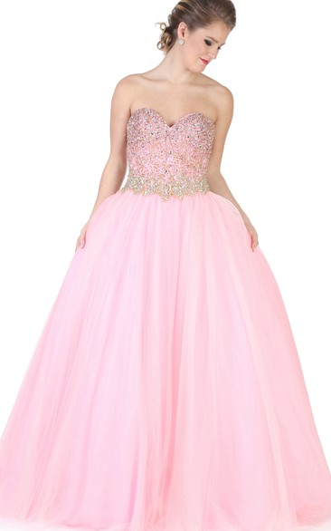 Ball Gown Sleeveless Long Sweetheart Beaded Tulle Prom Dress