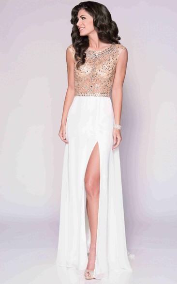 Bateau Neck Cap Sleeve Chiffon Prom Dress With Beaded Bodice And Keyhole Back
