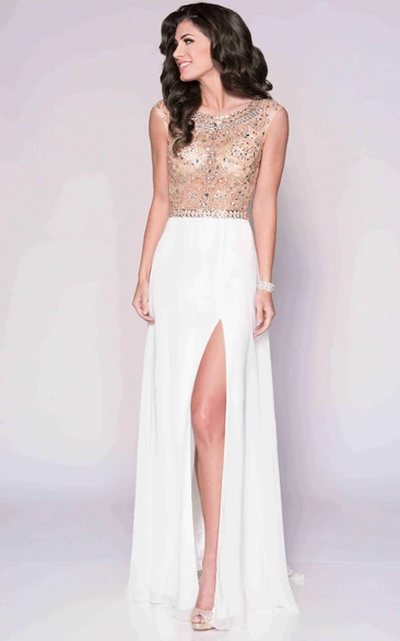 Bateau Neck Cap Sleeve Chiffon Prom Dress With Beaded Bodice And Keyhole Back