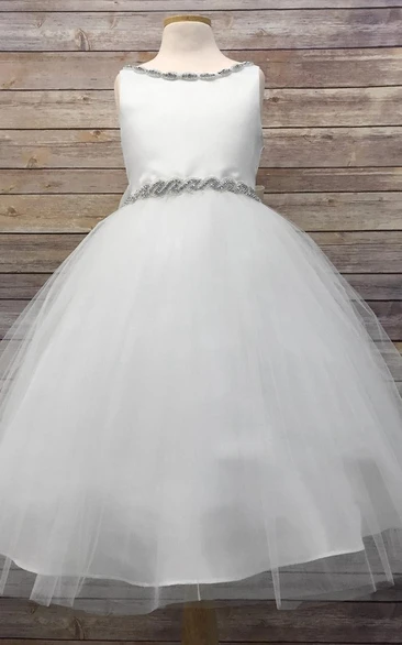 V-Neck Tea-Length Beaded Tulle&Satin Flower Girl Dress