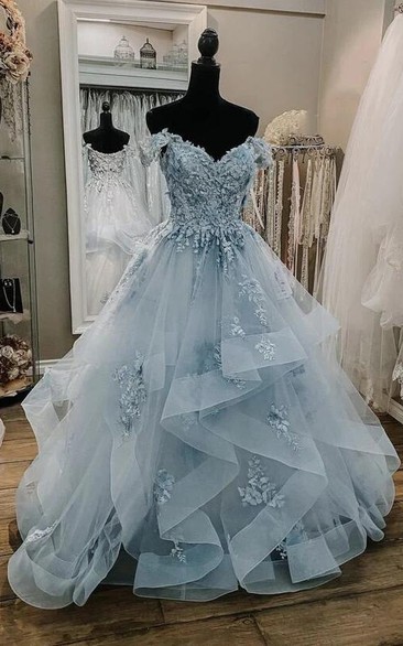 Light Blue Off-the-Shoulder Embroidered Ball Gown