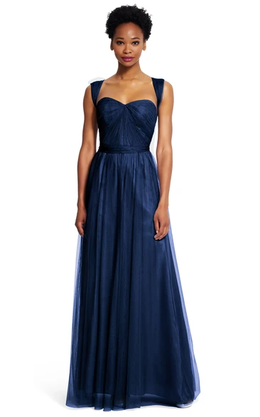 A-Line Long Ruched Strapped Sleeveless Tulle Bridesmaid Dress With Sash