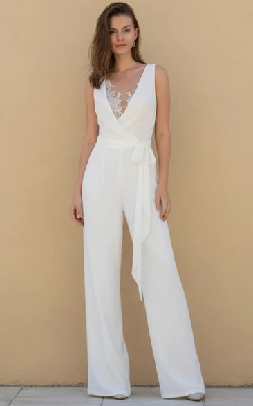 Deep V Neck Lace Decor Wide Leg Wedding Jumpsuit