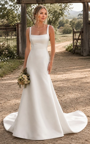 Square Neck Satin A-Line Country Wedding Dress with Wide Straps and Train