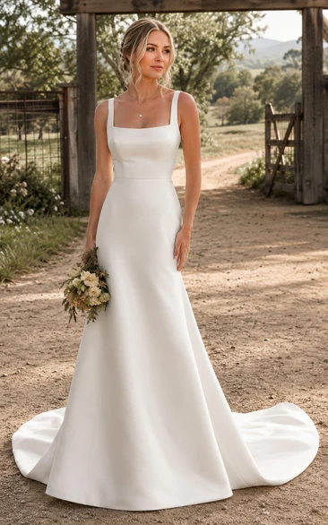 Square Neck Satin A-Line Country Wedding Dress with Wide Straps and Train