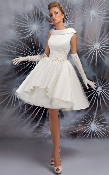 Mini Jewel Floral Satin Wedding Dress With Pleats And V Back