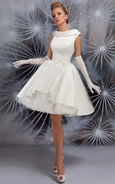 Mini Jewel Floral Satin Wedding Dress With Pleats And V Back