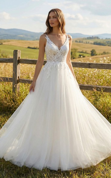 Tulle Ball Gown Wedding Dress V-Neck Lace Applique Sleeveless Bridal Gown