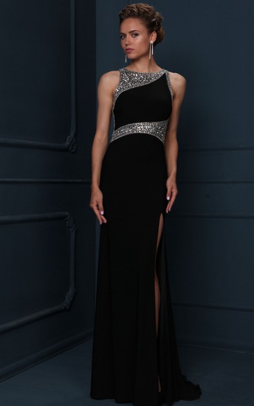 Sheath Sleeveless Scoop-Neck Beaded Floor-Length Jersey Evening Dress With Split Front
