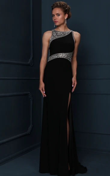 Sheath Sleeveless Scoop-Neck Beaded Floor-Length Jersey Evening Dress With Split Front