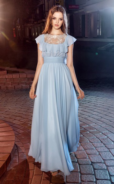 A-Line Scoop-Neck Poet-Sleeve Chiffon Illusion Dress With Lace And Draping