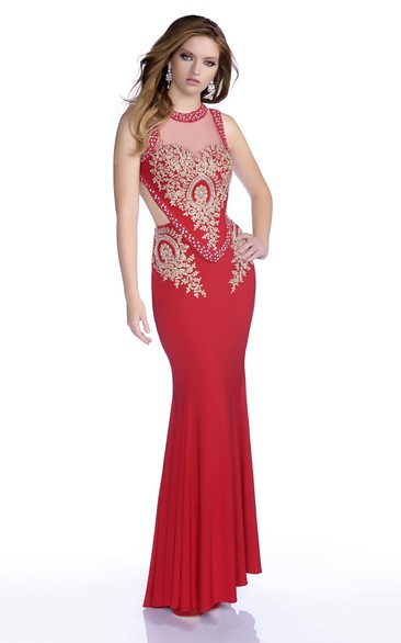 Mermaid Sleeveless Jersey Prom Dress With Keyhole Back And Rhinestone Bodice
