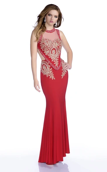 Mermaid Sleeveless Jersey Prom Dress With Keyhole Back And Rhinestone Bodice