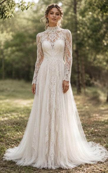 Modest A-Line Wedding Dress Long Sleeve High Neck Tulle Lace Applique Floor Length Chapel Train Ivory