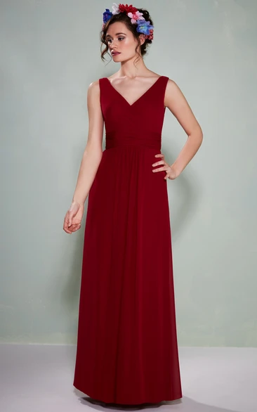 Sleeveless V-Neck Ruched Chiffon Bridesmaid Dress With Pleats And Illusion Back