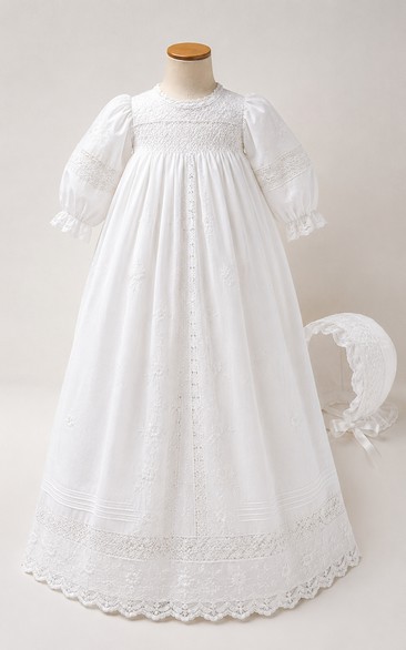 Baby Christening Gown Vintage Modest Princess Ball Gown Long Sleeve Cotton Lace Floor-Length Sweep Train with Bow Sash in White