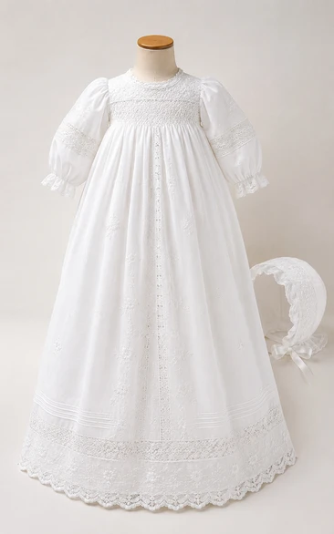 Baby Christening Gown Vintage Modest Princess Ball Gown Long Sleeve Cotton Lace Floor-Length Sweep Train with Bow Sash in White
