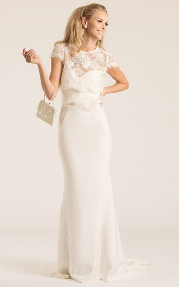 Scoop Maxi Short-Sleeve Lace Chiffon Wedding Dress With Sweep Train
