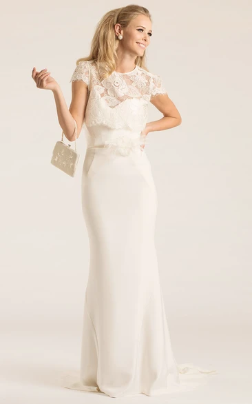 Scoop Maxi Short-Sleeve Lace Chiffon Wedding Dress With Sweep Train