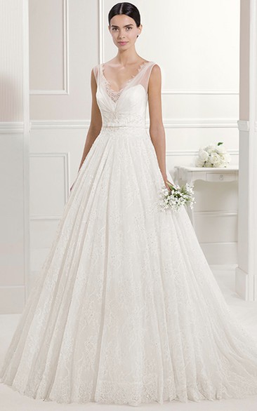 V Neck A-line Lace Bridal Gown With V Back And Back Flower