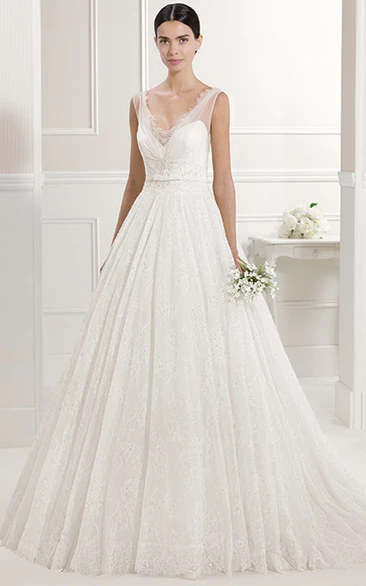 V Neck A-line Lace Bridal Gown With V Back And Back Flower