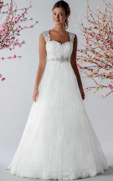 Beading Waist A-Line Tulle Bridal Gown With Lace And Back Keyhole