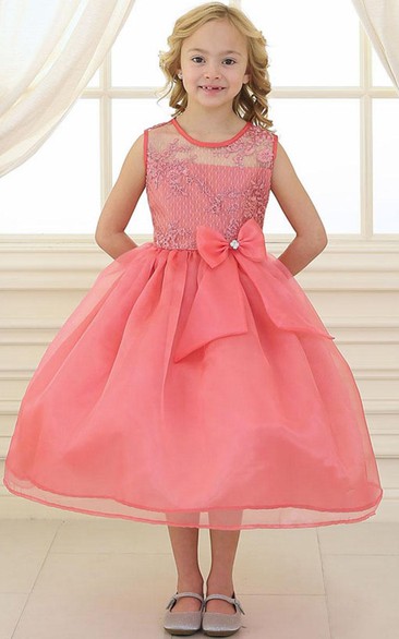 Tea-Length Bowed Floral Lace&Organza Flower Girl Dress With Illusion