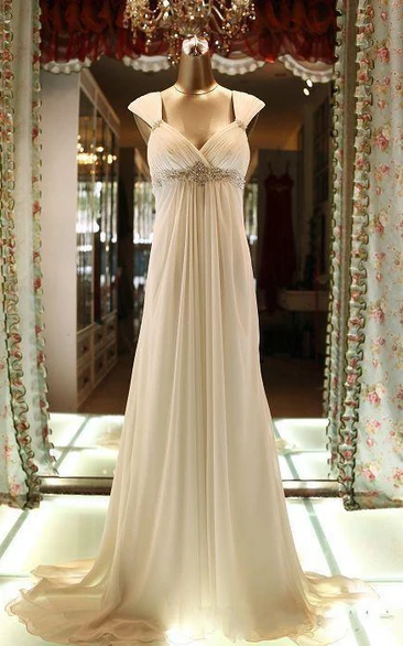 Empire Chiffon Maternity Queen Anne Beadings Pleats Low-V-Back Wedding Dress with Sweep Train