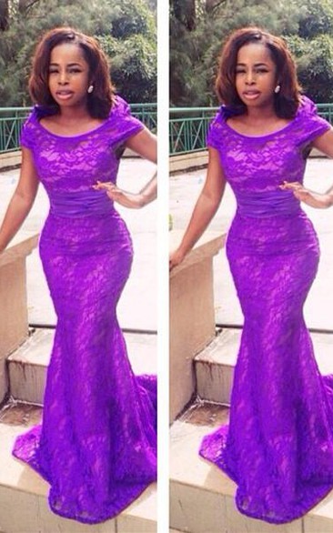 Sexy Mwemaid Lace Cap Sleeve Prom Dress Sweep Train