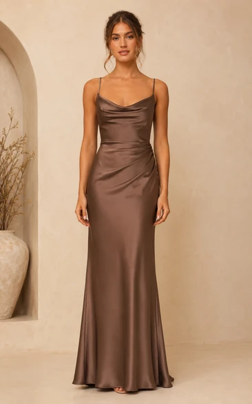 Taupe Satin Cowl Sheath Bridesmaid Dress